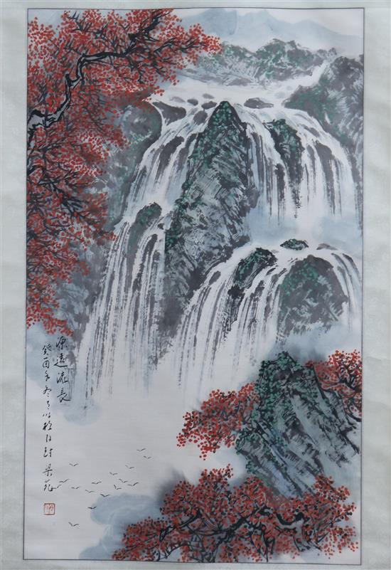 A Chinese gouache on paper scroll painting 95 x 58cm.